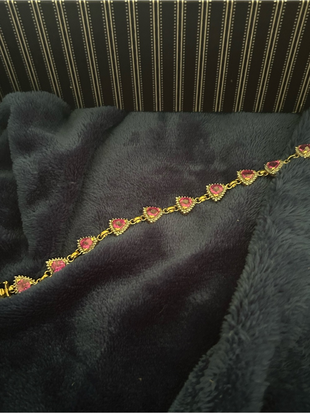 Vintage 925 Heart Shaped Pink Gemstone Gold Tone Bracelet